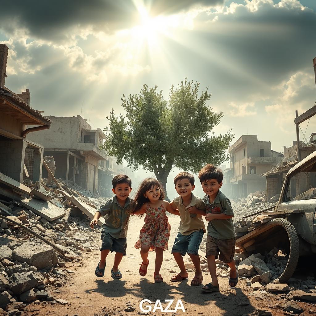 A poignant and heart-wrenching scene depicting the streets of Gaza, filled with destruction from recent conflicts