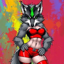 Create a super sexy furry female wolf with striking gray fur and a bold green stripe in her hair