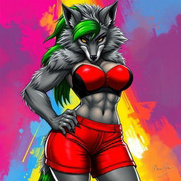 Create a super sexy furry female wolf with striking gray fur and a bold green stripe in her hair