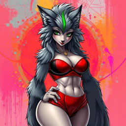 Create a super sexy furry female wolf with striking gray fur and a bold green stripe in her hair