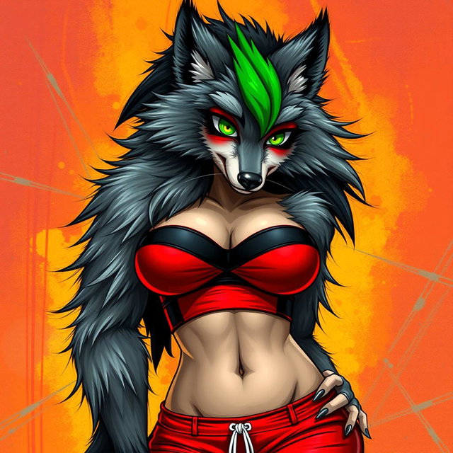 Create a super sexy furry female wolf with striking gray fur and a bold green stripe in her hair