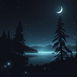 A serene night landscape shrouded in mystery, featuring a dark sky filled with twinkling stars and a glowing crescent moon