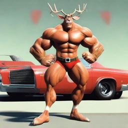 An extremely muscular rendition of Rudolph the Red-Nosed Reindeer, with a detailed muscle car replacing his torso, standing in a dynamic pose