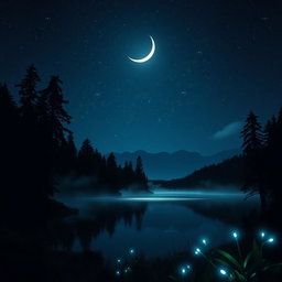 A serene night landscape shrouded in mystery, featuring a dark sky filled with twinkling stars and a glowing crescent moon