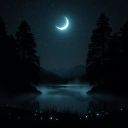 A serene night landscape shrouded in mystery, featuring a dark sky filled with twinkling stars and a glowing crescent moon