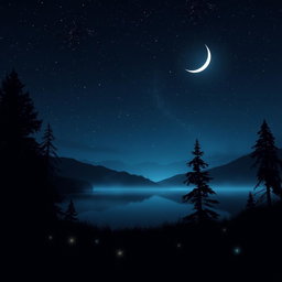 A serene night landscape shrouded in mystery, featuring a dark sky filled with twinkling stars and a glowing crescent moon