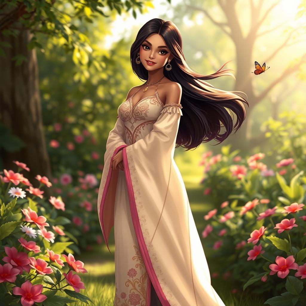 A beautiful female character named Zakinah, dressed in an elegant flowing traditional gown with intricate patterns, standing confidently in a serene garden filled with vibrant flowers and green foliage