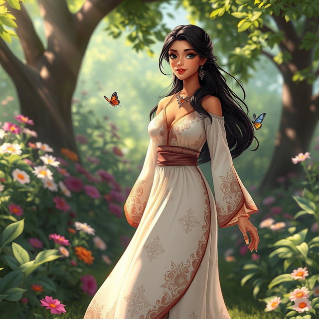 A beautiful female character named Zakinah, dressed in an elegant flowing traditional gown with intricate patterns, standing confidently in a serene garden filled with vibrant flowers and green foliage
