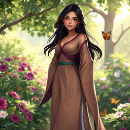 A beautiful female character named Zakinah, dressed in an elegant flowing traditional gown with intricate patterns, standing confidently in a serene garden filled with vibrant flowers and green foliage