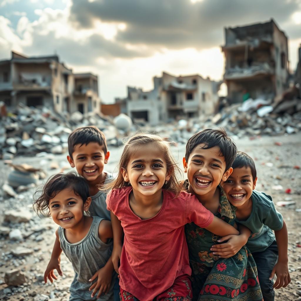 A poignant scene depicting the aftermath of conflict in war-torn Gaza, focusing on the resilience and innocence of children amidst the destruction