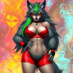 Create a super sexy furry female wolf with gorgeous gray fur and a striking green stripe in her long hair