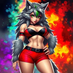 Create a super sexy furry female wolf with gorgeous gray fur and a striking green stripe in her long hair