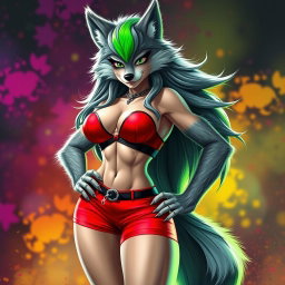 Create a super sexy furry female wolf with gorgeous gray fur and a striking green stripe in her long hair