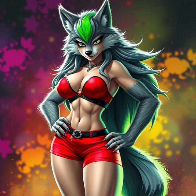 Create a super sexy furry female wolf with gorgeous gray fur and a striking green stripe in her long hair