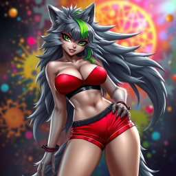 Create a super sexy furry female wolf with gorgeous gray fur and a striking green stripe in her long hair