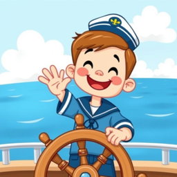 A cheerful young boy wearing a sailor's blue uniform, standing behind a ship's steering wheel, with a big smile on his face