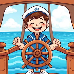A cheerful young boy wearing a sailor's blue uniform, standing behind a ship's steering wheel, with a big smile on his face