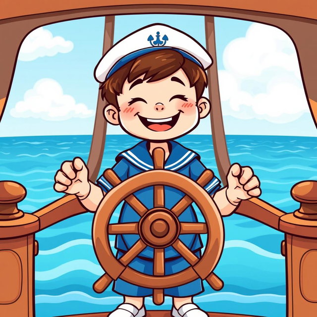 A cheerful young boy wearing a sailor's blue uniform, standing behind a ship's steering wheel, with a big smile on his face
