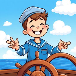 A cheerful young boy wearing a sailor's blue uniform, standing behind a ship's steering wheel, with a big smile on his face
