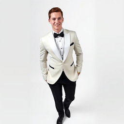 A handsome young man wearing a stylish tuxedo with a black bow tie, elegant shoes, and a confident smile