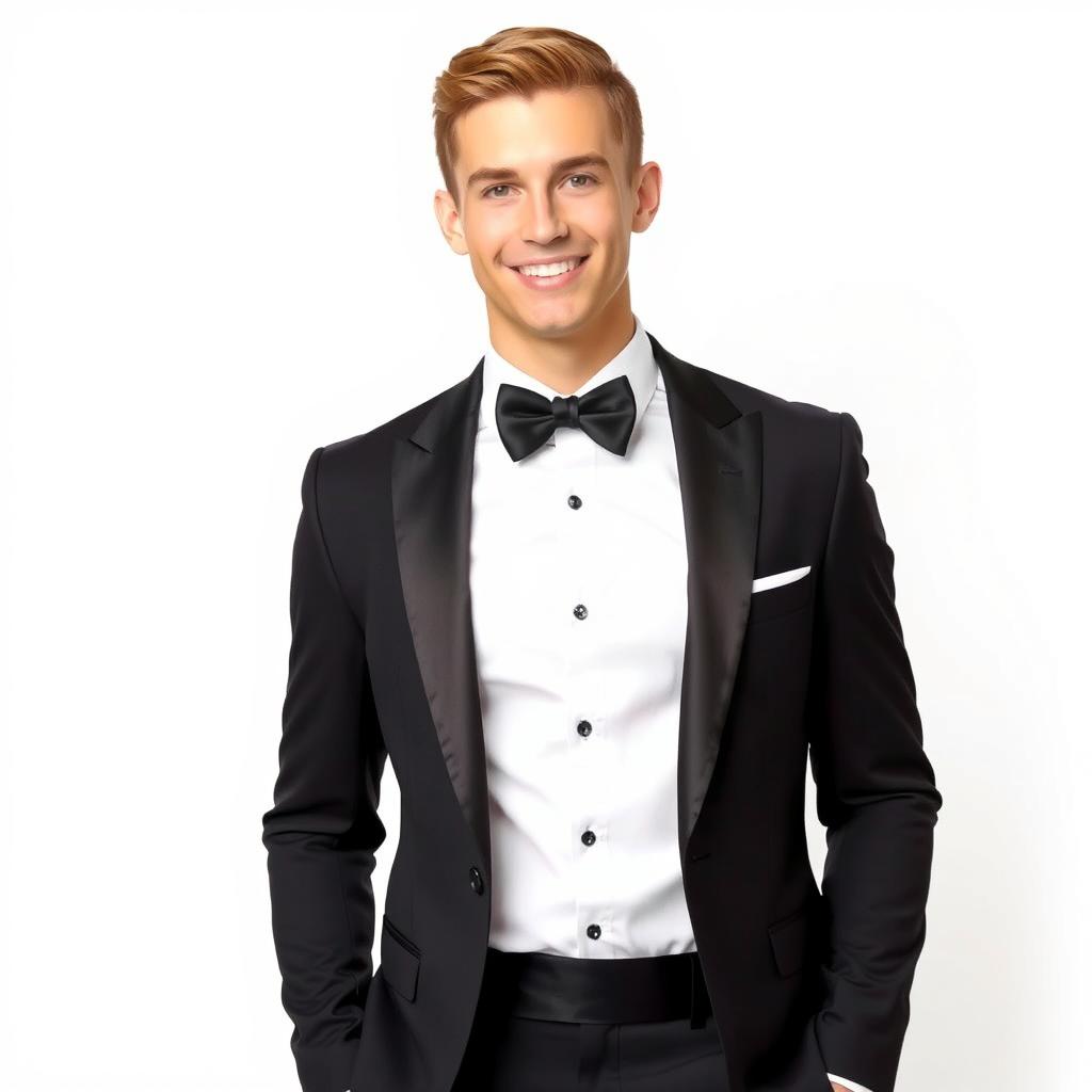 A handsome young man wearing a stylish tuxedo with a black bow tie, elegant shoes, and a confident smile