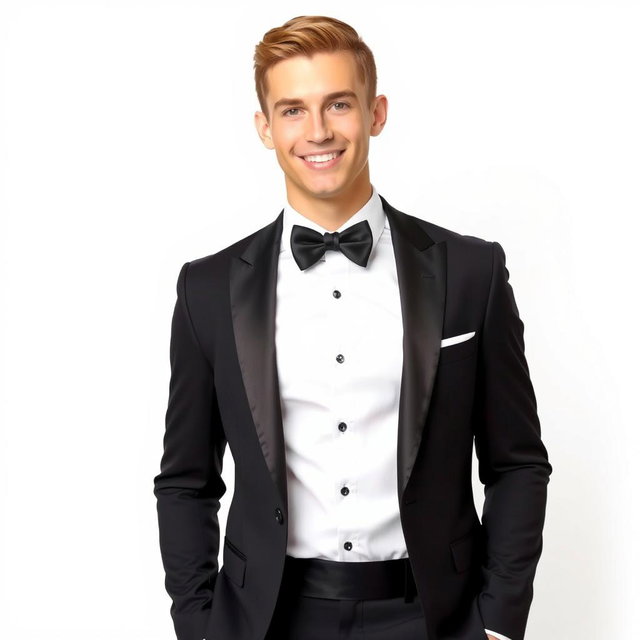 A handsome young man wearing a stylish tuxedo with a black bow tie, elegant shoes, and a confident smile