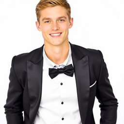 A handsome young man wearing a stylish tuxedo with a black bow tie, elegant shoes, and a confident smile