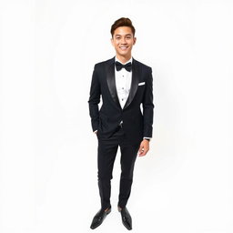 A handsome young man wearing a stylish tuxedo with a black bow tie, elegant shoes, and a confident smile