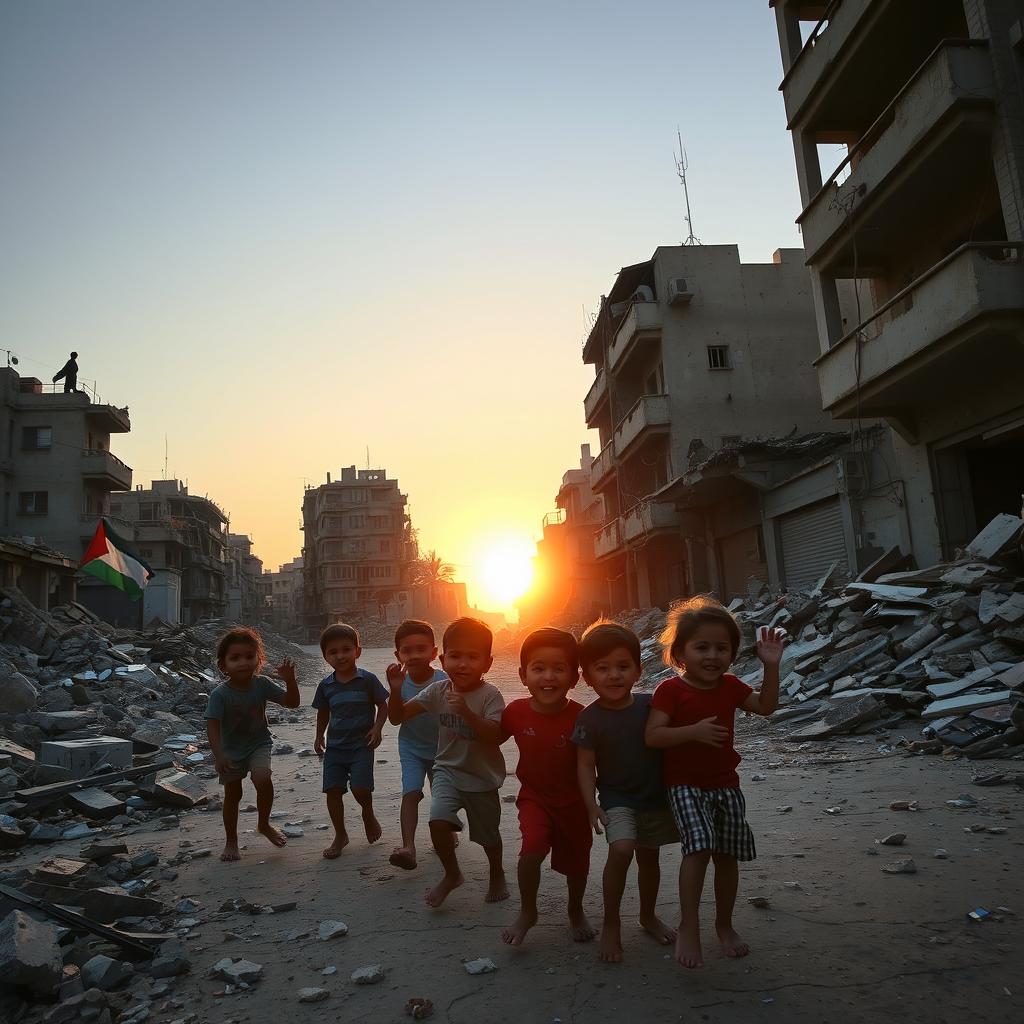 A powerful and emotional scene depicting the streets of war-torn Gaza, showcasing the aftermath of conflict with crumbling buildings and debris scattered across the ground