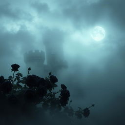 A mysterious dark castle shrouded in thick, swirling fog
