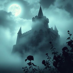 A mysterious dark castle shrouded in thick, swirling fog