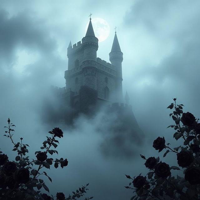 A mysterious dark castle shrouded in thick, swirling fog
