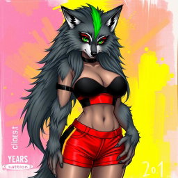 Create a super sexy furry female wolf, characterized by stunning gray fur and a striking green stripe in her long hair