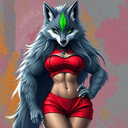Create a super sexy furry female wolf, characterized by stunning gray fur and a striking green stripe in her long hair