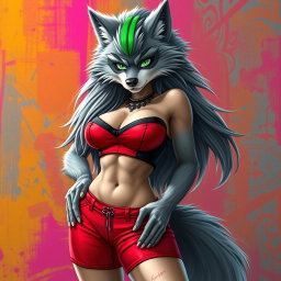 Create a super sexy furry female wolf, characterized by stunning gray fur and a striking green stripe in her long hair