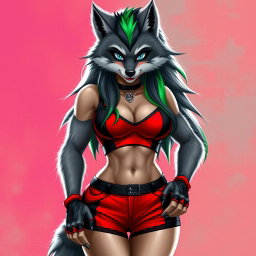 Create a super sexy furry female wolf, characterized by stunning gray fur and a striking green stripe in her long hair