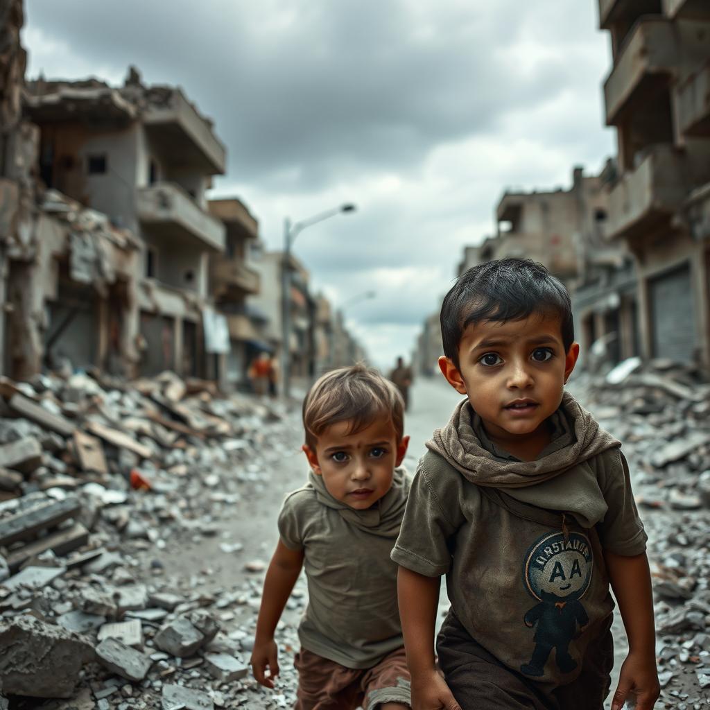 A hauntingly poignant scene depicting the streets of war-torn Gaza, showcasing the aftermath of conflict
