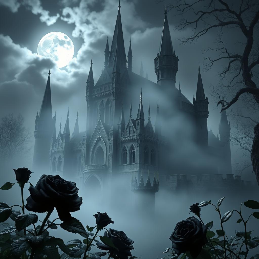 A mystical castle shrouded in haunting mist, with intricate gothic architecture and towering spires