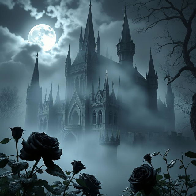 A mystical castle shrouded in haunting mist, with intricate gothic architecture and towering spires