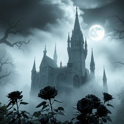 A mystical castle shrouded in haunting mist, with intricate gothic architecture and towering spires