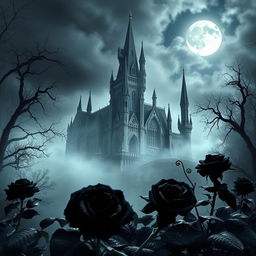 A mystical castle shrouded in haunting mist, with intricate gothic architecture and towering spires