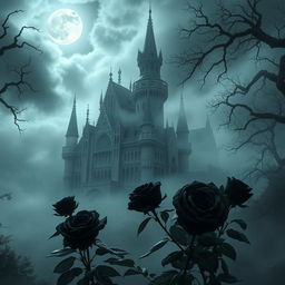 A mystical castle shrouded in haunting mist, with intricate gothic architecture and towering spires