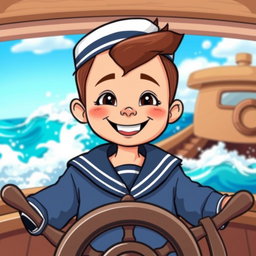 A cheerful young boy in a sailor's uniform standing behind a ship's steering wheel, smiling brightly
