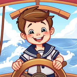 A cheerful young boy in a sailor's uniform standing behind a ship's steering wheel, smiling brightly
