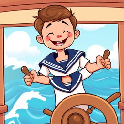 A cheerful young boy in a sailor's uniform standing behind a ship's steering wheel, smiling brightly