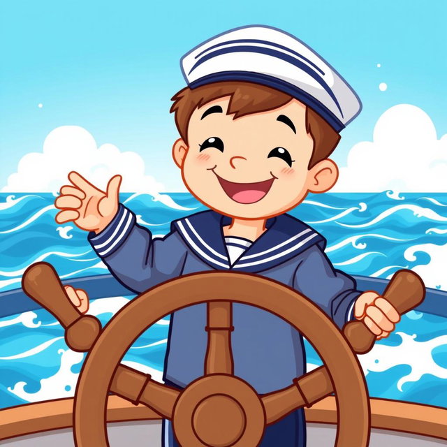 A cheerful young boy in a sailor's uniform standing behind a ship's steering wheel, smiling brightly