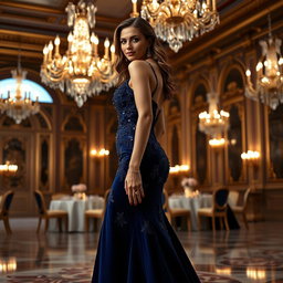 A luxurious and elegant woman standing confidently in a grand ballroom, dressed in a stunning floor-length evening gown with intricate beadwork