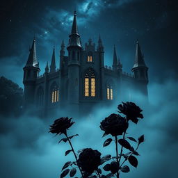 A mystical castle shrouded in haunting mist, surrounded by dark roses, under a star-studded sky at night