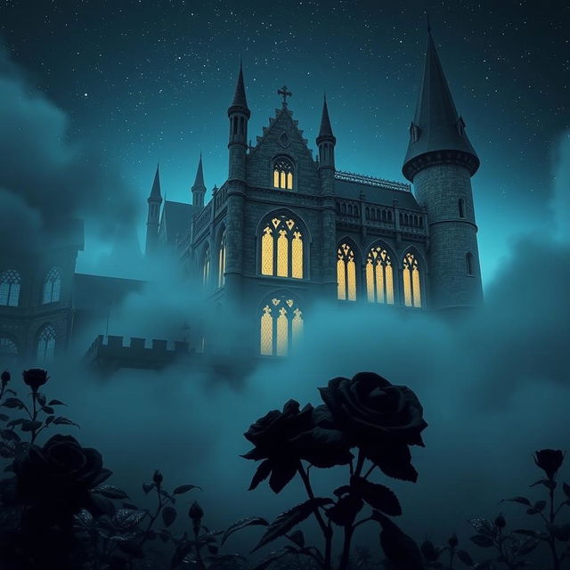 A mystical castle shrouded in haunting mist, surrounded by dark roses, under a star-studded sky at night