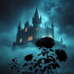 A mystical castle shrouded in haunting mist, surrounded by dark roses, under a star-studded sky at night